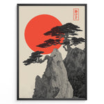 Ladda upp bild till gallerivisning, Japanske plakater | Minimalist Japanese-style artwork featuring detailed black trees on rocky cliffs with a large red sun in the background and a red kanji stamp symbolizing tranquility.
