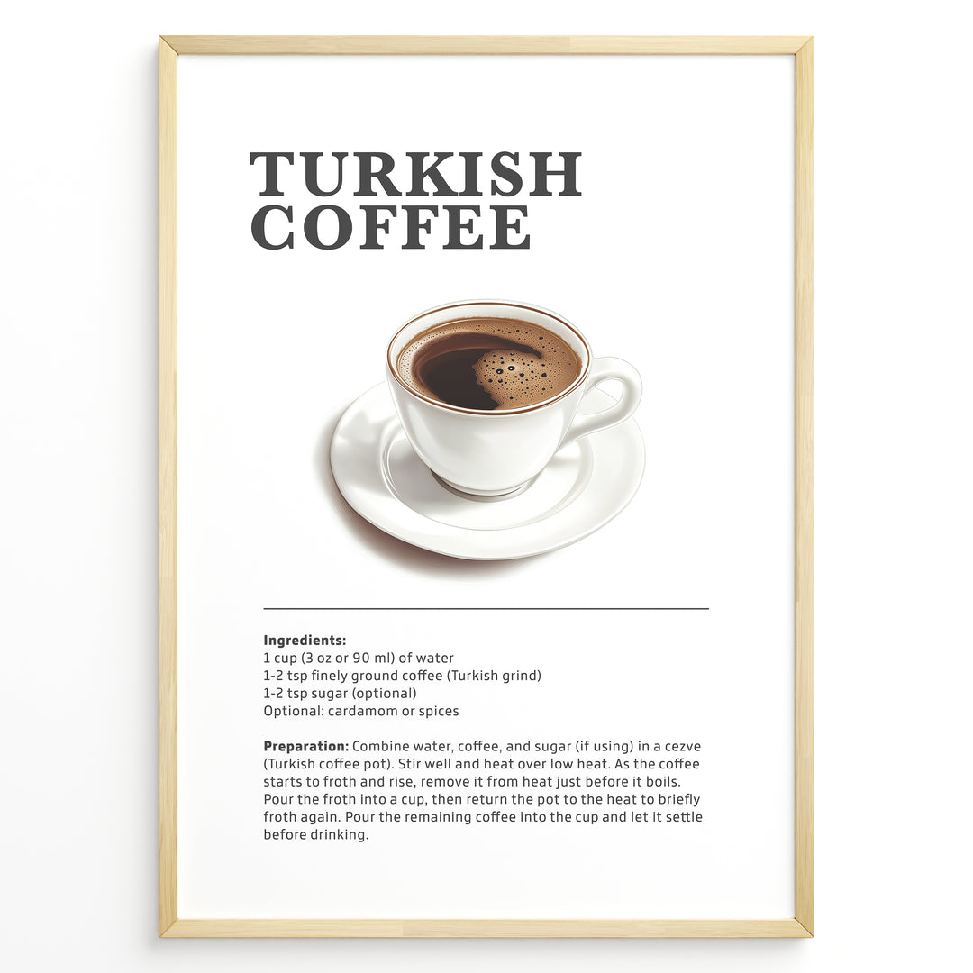 Minimalist illustration of traditional Turkish coffee served in a white cup with a saucer.