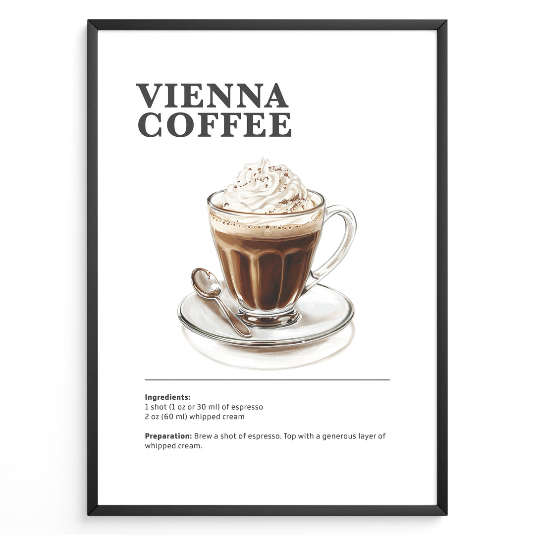 Illustration of a Vienna coffee in a glass cup topped with whipped cream on a saucer.