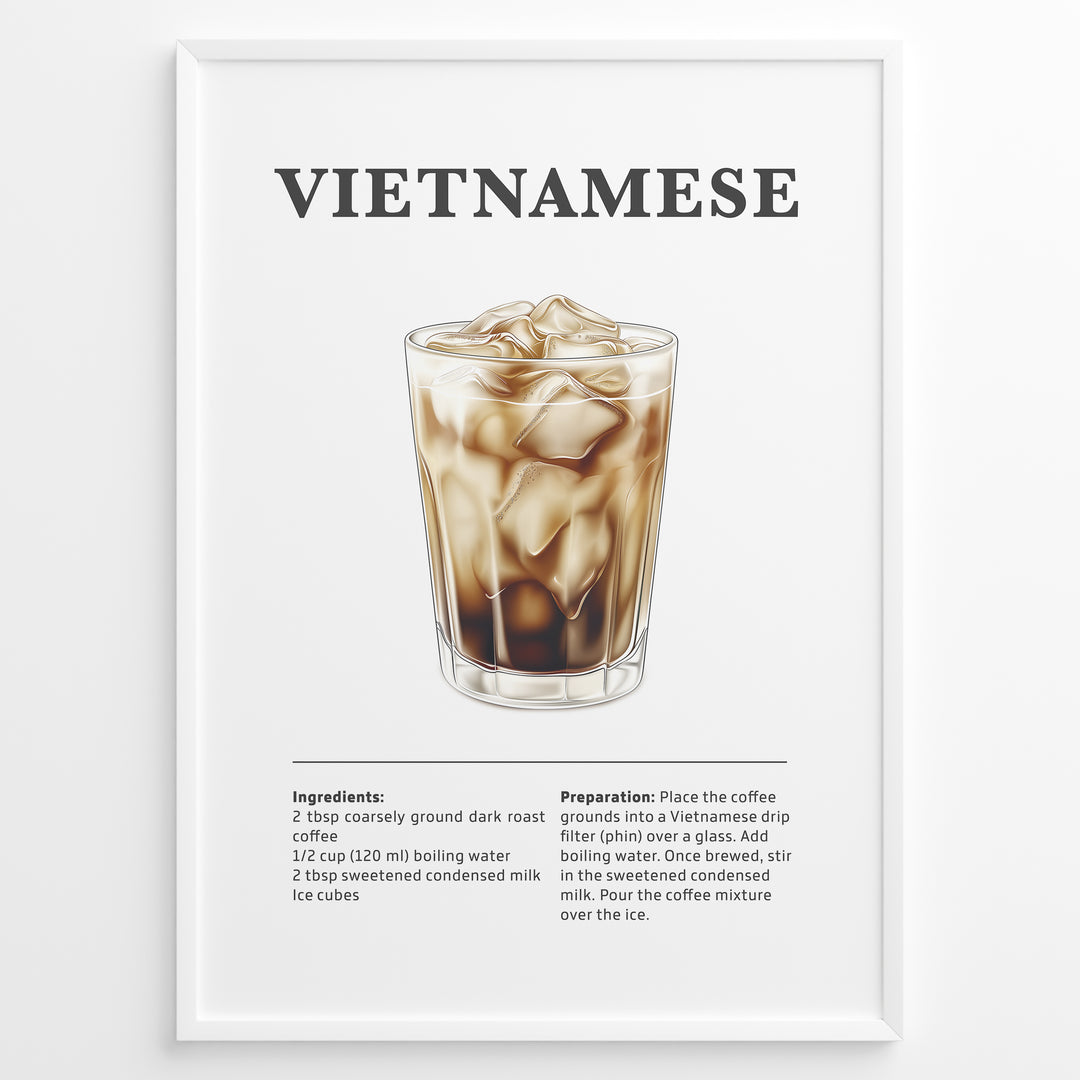 Illustration of Vietnamese iced coffee with condensed milk served in a glass with ice cubes.