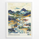 Ladda upp bild till gallerivisning, Japanske plakater | Stylized illustration of Japanese grasslands featuring a winding river, rolling hills, distant mountains, and rural scenery in traditional Japanese art style with earthy tones.
