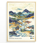 Ladda upp bild till gallerivisning, Japanske plakater | Stylized illustration of Japanese grasslands featuring a winding river, rolling hills, distant mountains, and rural scenery in traditional Japanese art style with earthy tones.
