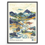 Ladda upp bild till gallerivisning, Japanske plakater | Stylized illustration of Japanese grasslands featuring a winding river, rolling hills, distant mountains, and rural scenery in traditional Japanese art style with earthy tones.
