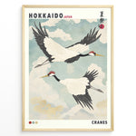 Ladda upp bild till gallerivisning, Japanske plakater | Vintage-style Japanese poster featuring two red-crowned cranes flying in a cloudy sky, with the text &quot;Hokkaido Japan&quot; and traditional Japanese characters referencing a summer festival.
