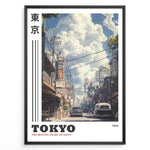 Ladda upp bild till gallerivisning, Japanske plakater | Vintage-style poster of a 1944 Tokyo street with retro cars, traditional Japanese buildings, and power lines under a sky filled with large clouds.
