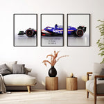 Ladda upp bild till gallerivisning, Triptych wall art plakat of the Visa Cash App RB F1 Team VCARB 01 Formula 1 car displayed in a stylish living room with black leather furniture and modern décor.
