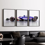 Ladda upp bild till gallerivisning, Triptych wall art plakat of the Visa Cash App RB F1 Team VCARB 01 Formula 1 car displayed in a stylish living room with black leather furniture and modern décor.
