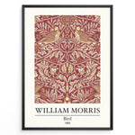Ladda upp bild till gallerivisning, Framed William Morris Bird 1869 art print plakat showing two birds among detailed floral and leaf patterns on a red background.
