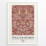 Ladda upp bild till gallerivisning, Framed William Morris Bird 1869 art print plakat showing two birds among detailed floral and leaf patterns on a red background.

