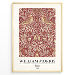 Ladda upp bild till gallerivisning, Framed William Morris Bird 1869 art print plakat showing two birds among detailed floral and leaf patterns on a red background.

