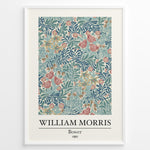 Ladda upp bild till gallerivisning, Framed William Morris Bower 1881 art print plakat with detailed blue, pink, and cream floral botanical pattern.

