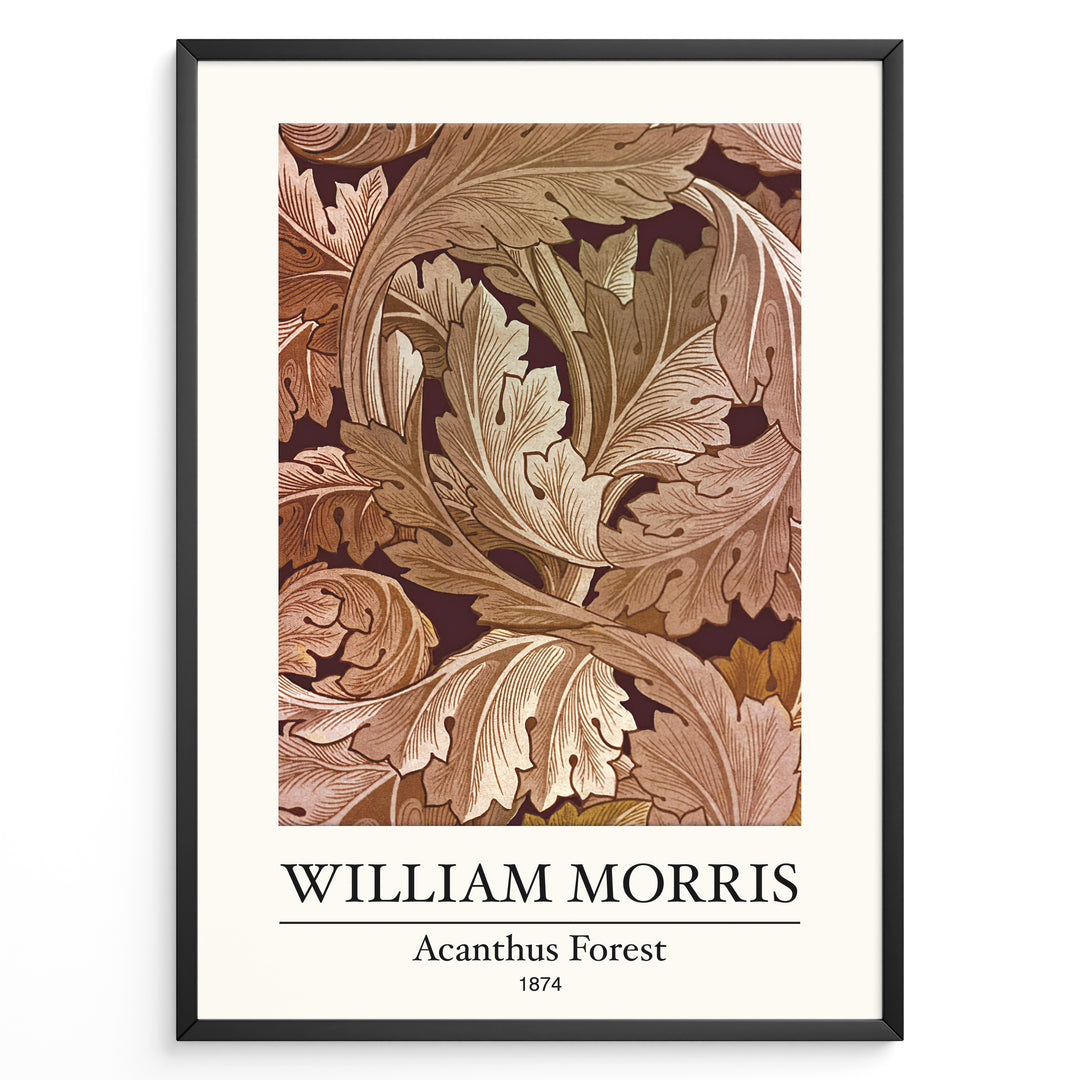 Framed William Morris Acanthus Forest 1874 art print plakat with intricate leaf patterns in brown and beige tones.