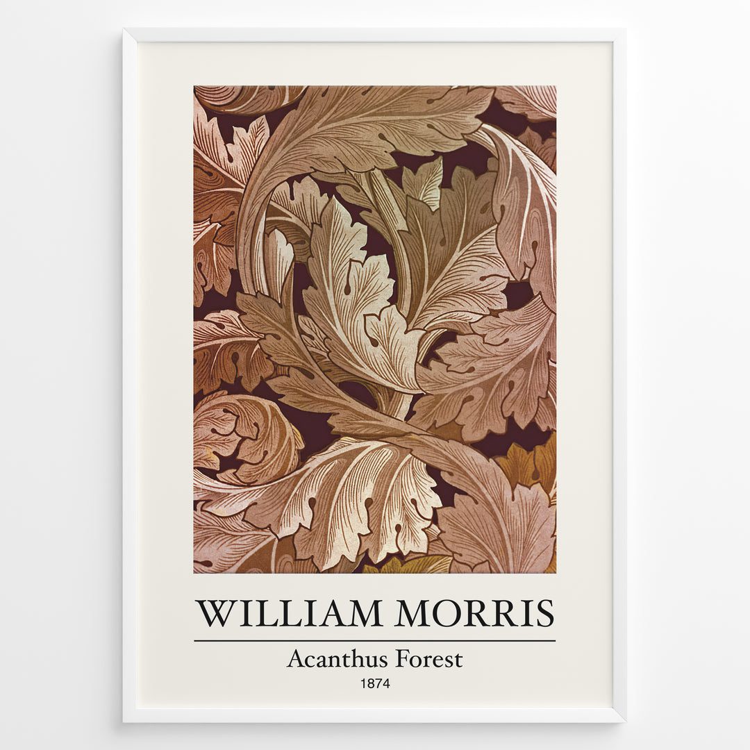 Framed William Morris Acanthus Forest 1874 art print plakat with intricate leaf patterns in brown and beige tones.