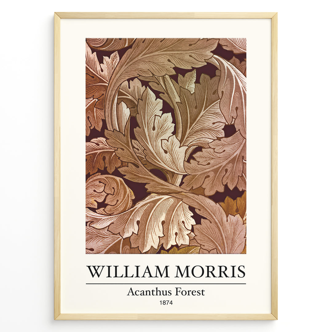 Framed William Morris Acanthus Forest 1874 art print plakat with intricate leaf patterns in brown and beige tones.