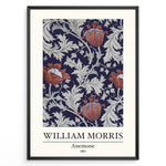 Ladda upp bild till gallerivisning, Framed William Morris Anemone 1881 art print plakat with red anemone flowers and grey foliage on a navy background.
