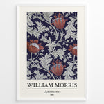 Ladda upp bild till gallerivisning, Framed William Morris Anemone 1881 art print plakat with red anemone flowers and grey foliage on a navy background.
