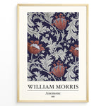 Ladda upp bild till gallerivisning, Framed William Morris Anemone 1881 art print plakat with red anemone flowers and grey foliage on a navy background.
