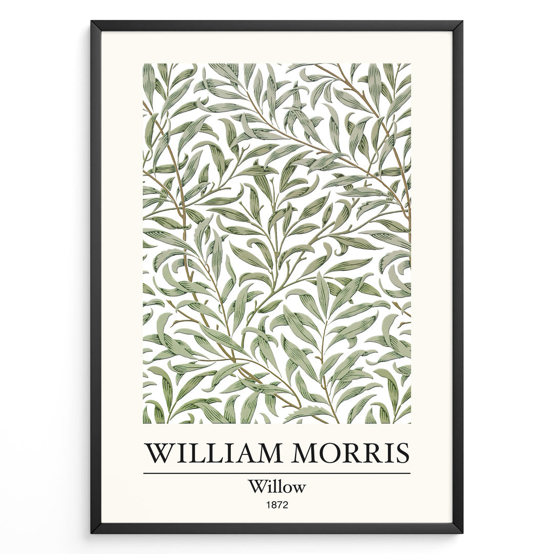Framed William Morris Willow 1872 art print plakat with flowing green willow leaves on a white background.