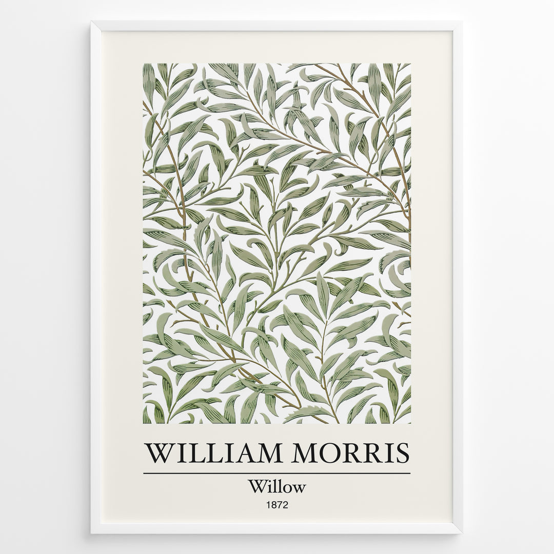 Framed William Morris Willow 1872 art print plakat with flowing green willow leaves on a white background.
