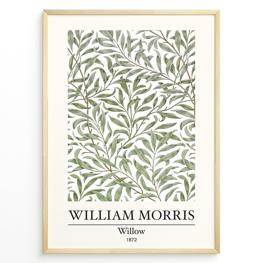Framed William Morris Willow 1872 art print plakat with flowing green willow leaves on a white background.