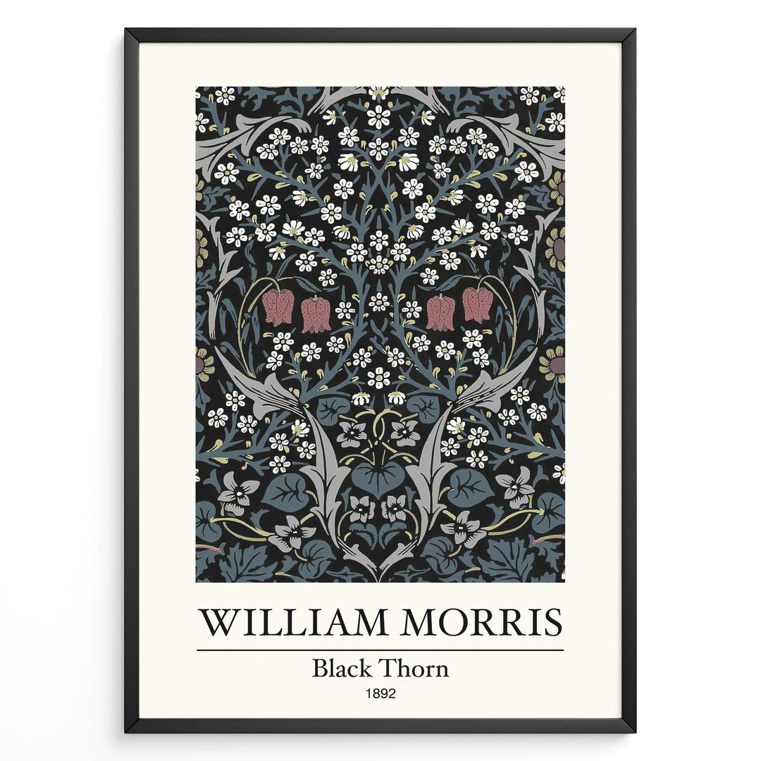 Framed William Morris Black Thorn 1892 art print plakat with detailed white and red flowers and blue-green leaves on a black background.
