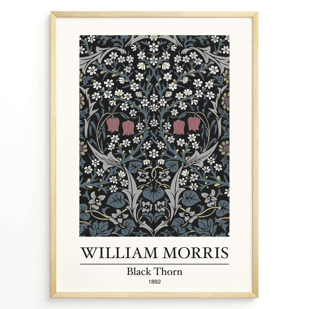 Framed William Morris Black Thorn 1892 art print plakat with detailed white and red flowers and blue-green leaves on a black background.