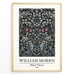 Ladda upp bild till gallerivisning, Framed William Morris Black Thorn 1892 art print plakat with detailed white and red flowers and blue-green leaves on a black background.
