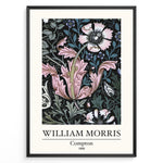 Ladda upp bild till gallerivisning, Framed William Morris Compton 1896 art print plakat featuring pink and white floral patterns with green leaves on a black background.
