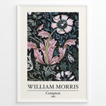 Ladda upp bild till gallerivisning, Framed William Morris Compton 1896 art print plakat featuring pink and white floral patterns with green leaves on a black background.
