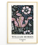 Ladda upp bild till gallerivisning, Framed William Morris Compton 1896 art print plakat featuring pink and white floral patterns with green leaves on a black background.
