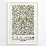 Ladda upp bild till gallerivisning, Framed William Morris Harebell 1875 art print plakat with intricate green and blue floral pattern on a light background.
