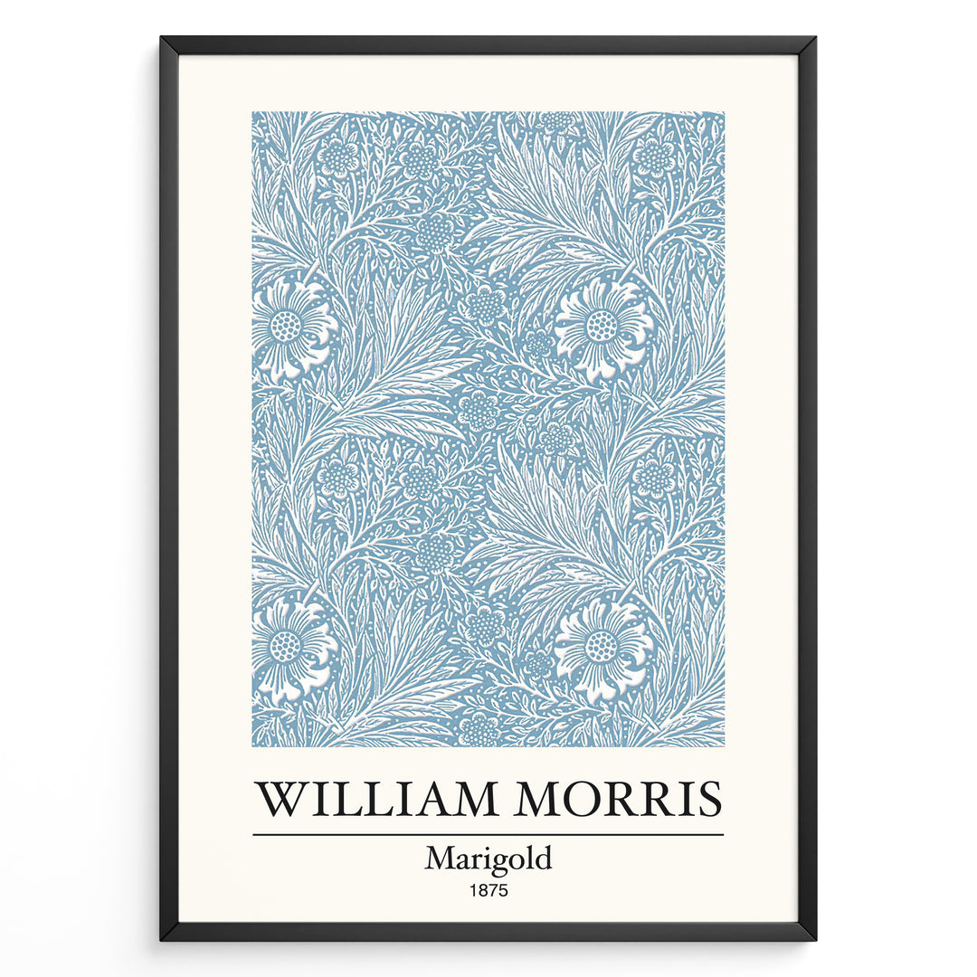 Framed William Morris Marigold 1875 art print plakat with detailed blue and white floral and leaf design.