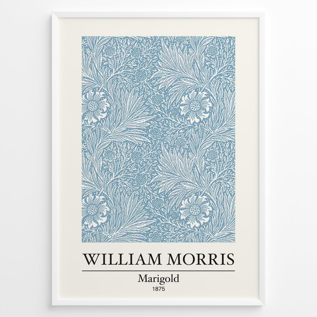 Framed William Morris Marigold 1875 art print plakat with detailed blue and white floral and leaf design.