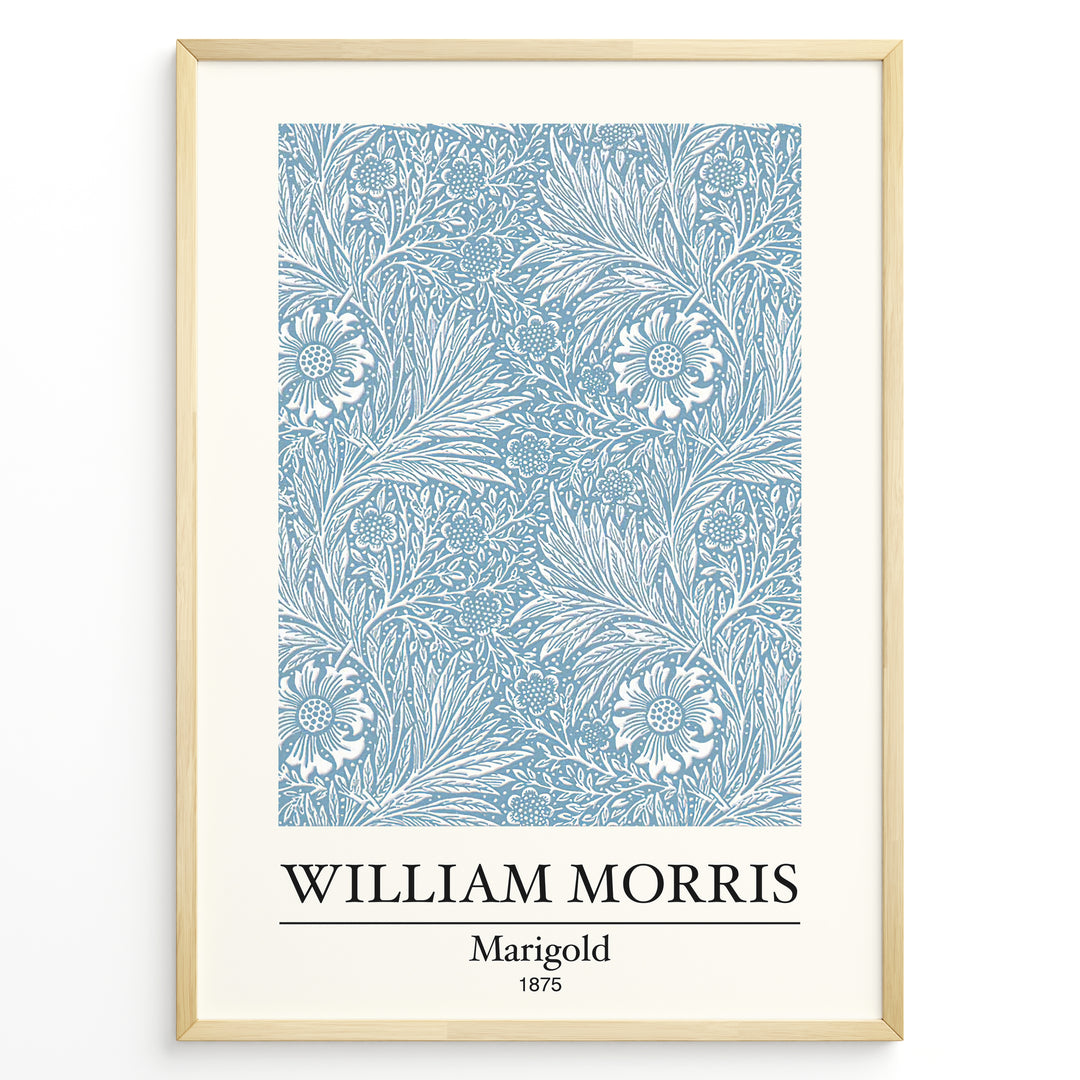 Framed William Morris Marigold 1875 art print plakat with detailed blue and white floral and leaf design.