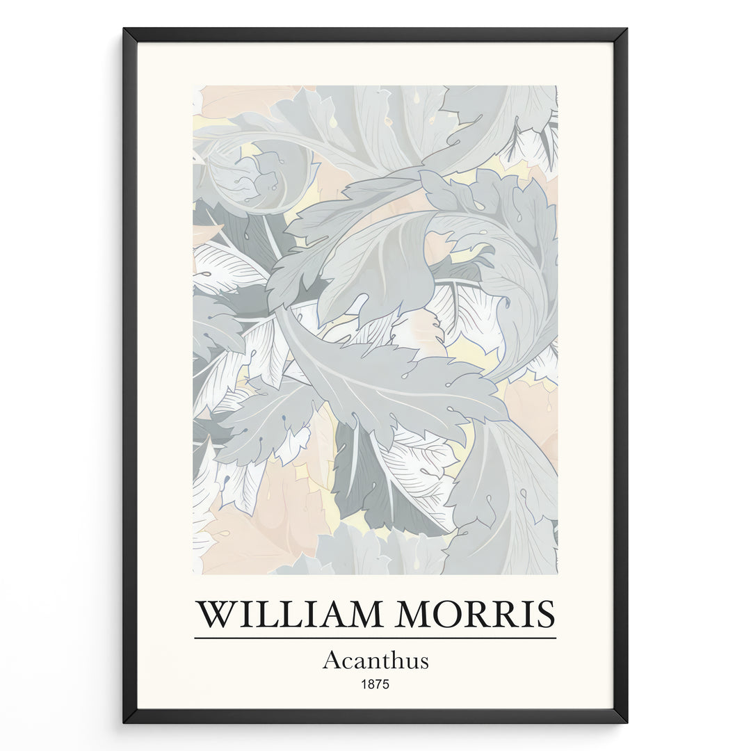 Framed William Morris Acanthus 1875 art print plakat with soft grey and beige leafy botanical pattern.