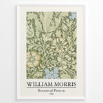 Ladda upp bild till gallerivisning, Framed William Morris Botanical Pattern 1862 art print plakat featuring detailed green and cream floral design with subtle blue and yellow accents.
