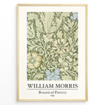 Ladda upp bild till gallerivisning, Framed William Morris Botanical Pattern 1862 art print plakat featuring detailed green and cream floral design with subtle blue and yellow accents.
