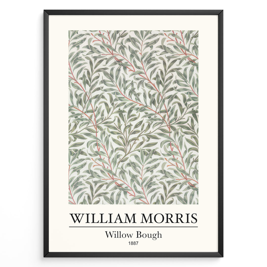 Framed William Morris Willow Bough 1887 art print plakat with flowing green willow leaves and red stems on a light background.