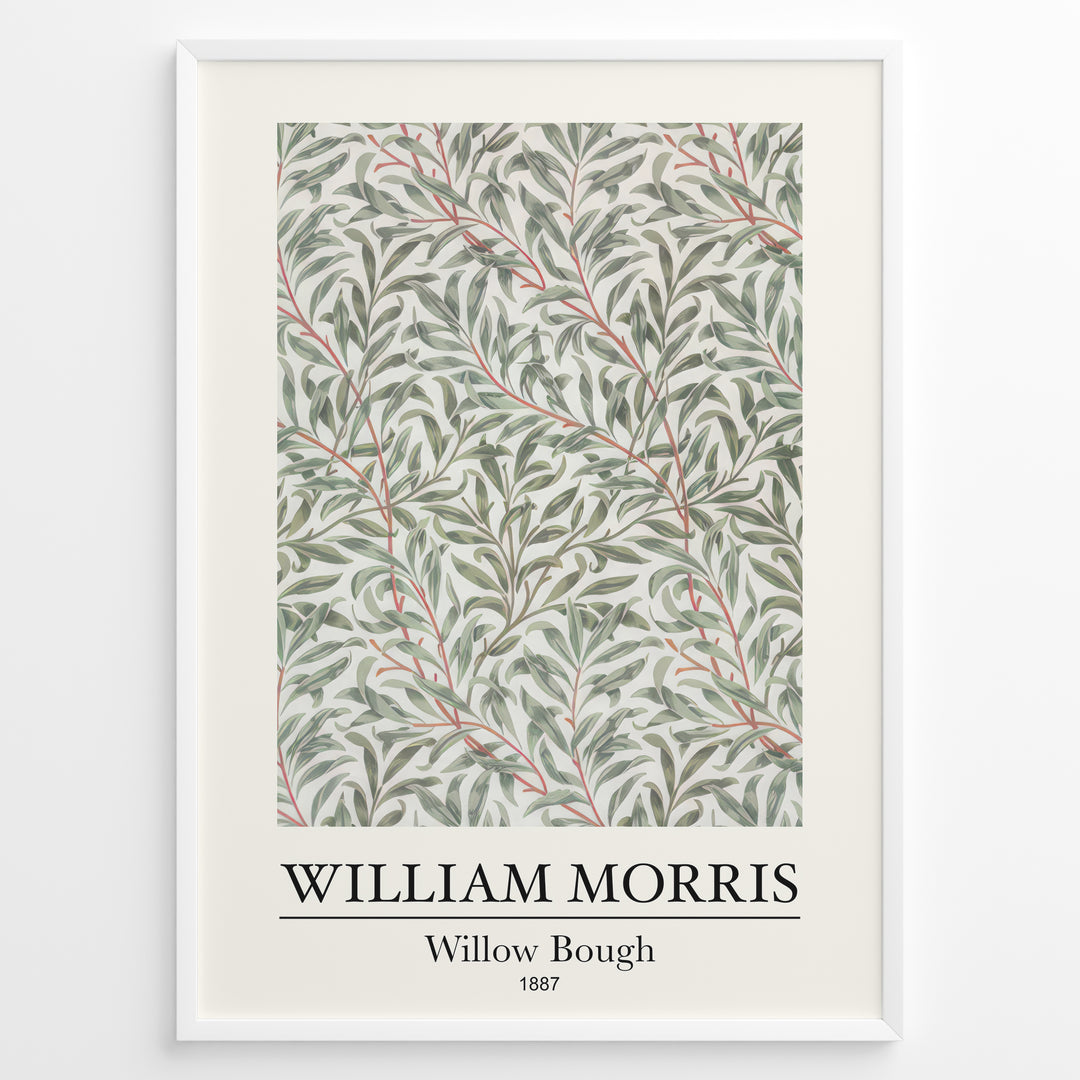 Framed William Morris Willow Bough 1887 art print plakat with flowing green willow leaves and red stems on a light background.