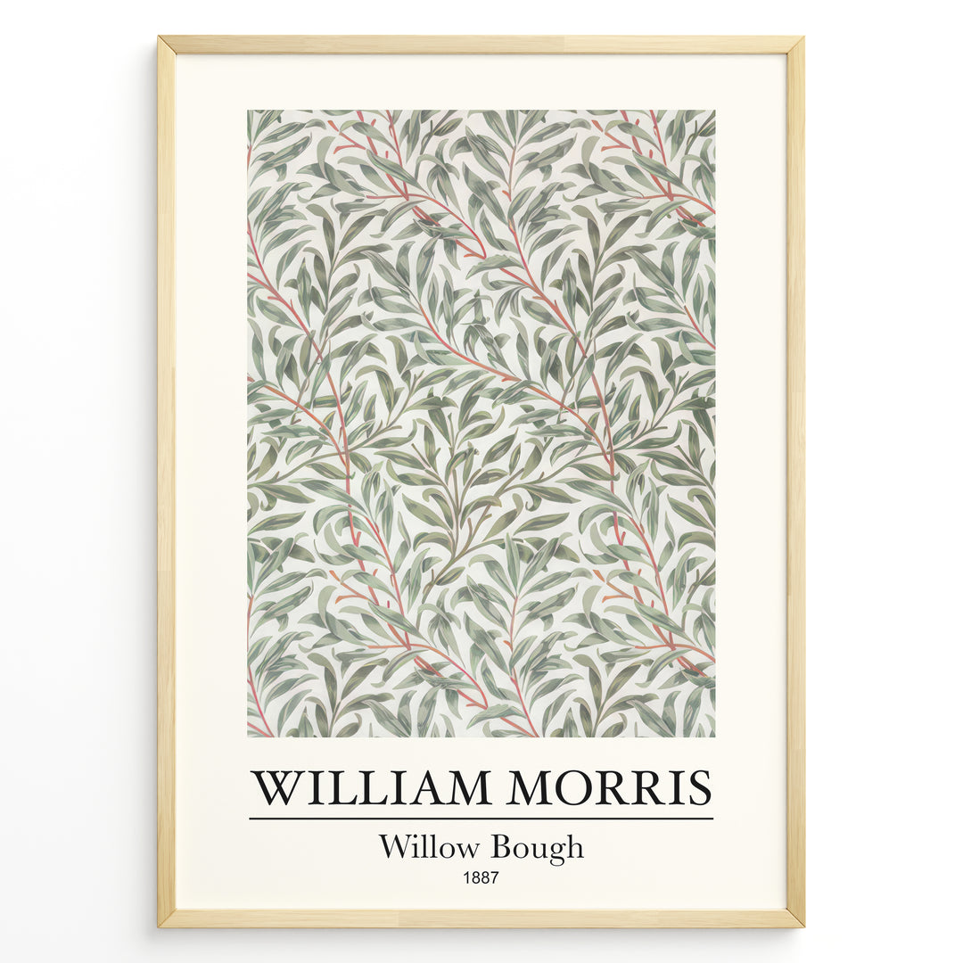 Framed William Morris Willow Bough 1887 art print plakat with flowing green willow leaves and red stems on a light background.