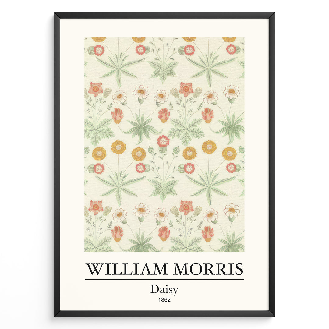 Framed William Morris Daisy 1862 art print plakat featuring delicate flowers and leaves in light green, yellow, and pink tones on a cream background.