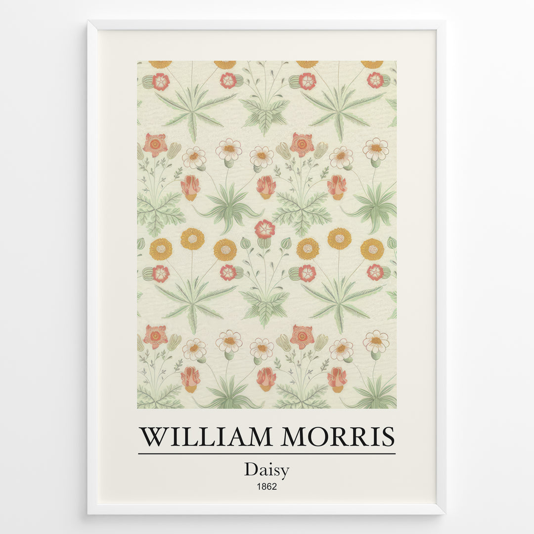 Framed William Morris Daisy 1862 art print plakat featuring delicate flowers and leaves in light green, yellow, and pink tones on a cream background.
