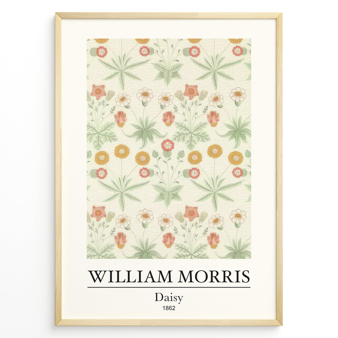 Framed William Morris Daisy 1862 art print plakat featuring delicate flowers and leaves in light green, yellow, and pink tones on a cream background.
