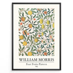 Ladda upp bild till gallerivisning, Framed William Morris Four Fruits Pattern 1862 art print plakat featuring yellow lemons, peaches, and green leaves on a cream background.
