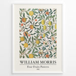 Ladda upp bild till gallerivisning, Framed William Morris Four Fruits Pattern 1862 art print plakat featuring yellow lemons, peaches, and green leaves on a cream background.

