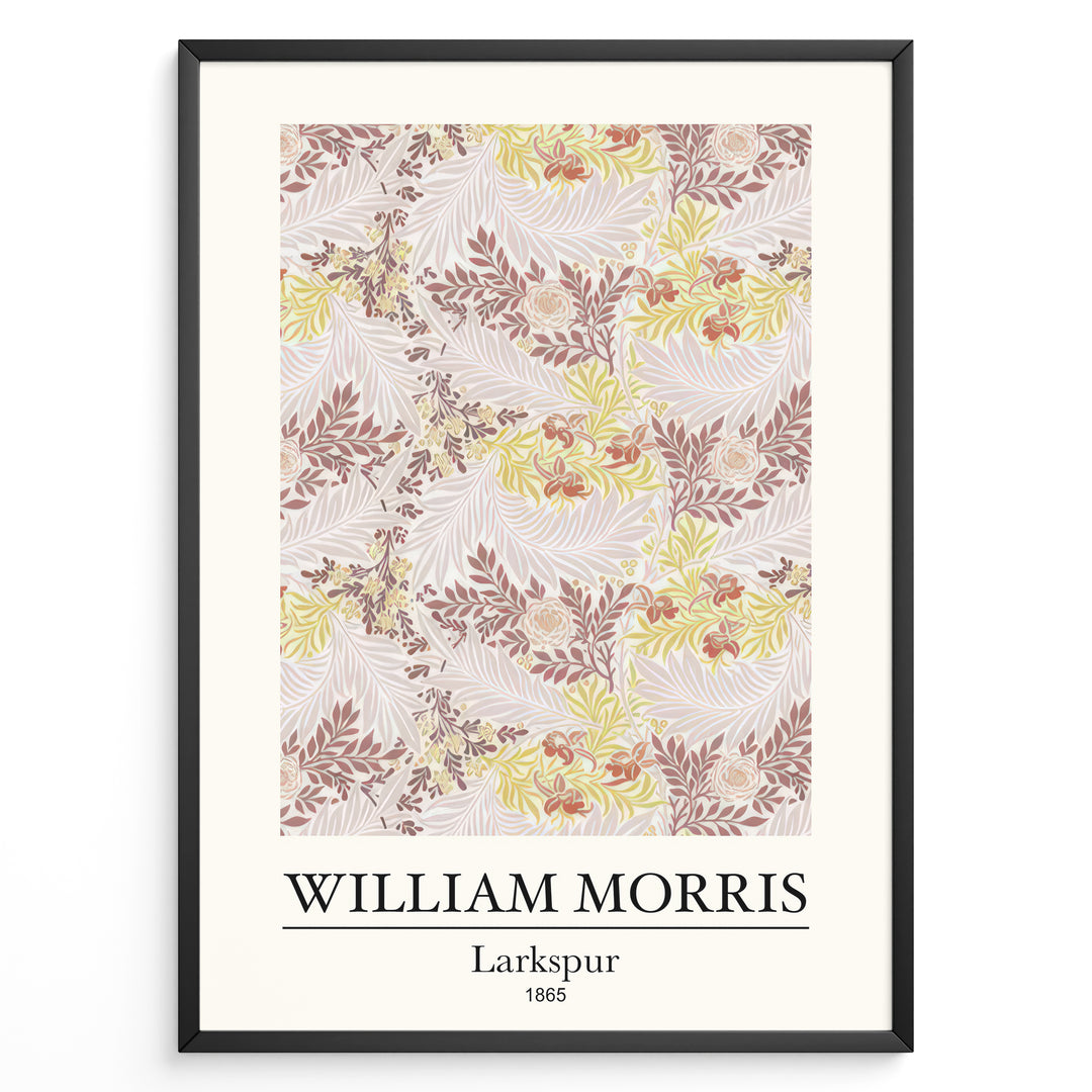 Framed William Morris Larkspur 1865 art print plakat with intricate floral and leaf patterns in beige, yellow, and red shades.