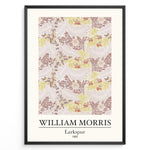 Ladda upp bild till gallerivisning, Framed William Morris Larkspur 1865 art print plakat with intricate floral and leaf patterns in beige, yellow, and red shades.
