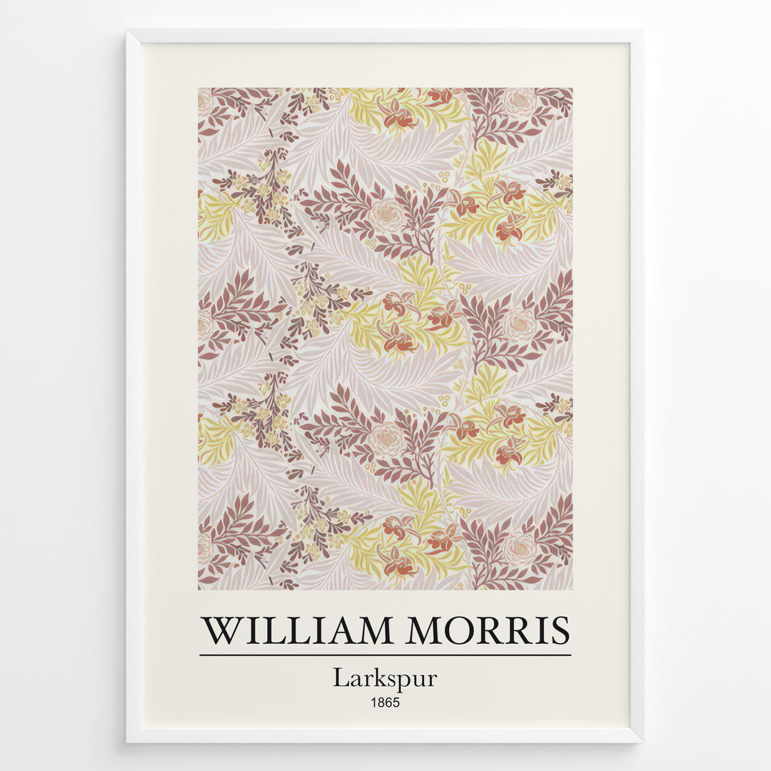 Framed William Morris Larkspur 1865 art print plakat with intricate floral and leaf patterns in beige, yellow, and red shades.