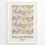 Ladda upp bild till gallerivisning, Framed William Morris Larkspur 1865 art print plakat with intricate floral and leaf patterns in beige, yellow, and red shades.
