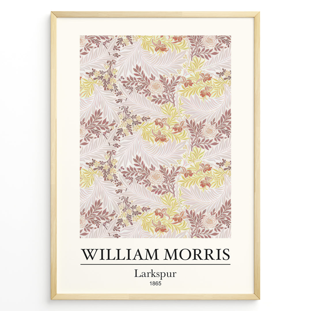 Framed William Morris Larkspur 1865 art print plakat with intricate floral and leaf patterns in beige, yellow, and red shades.